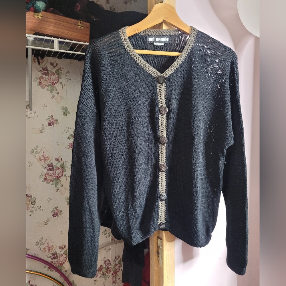 Ani Barrie Vintage Knit Cardigan Womens Small Rayon Made In USA Black Stretch
